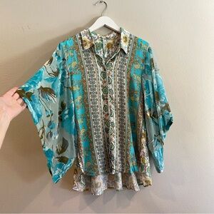 Aratta Silent Journey Floral Mixed Media Blouse Velvet Burnout Bell Sleeve Boho